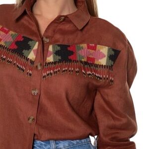 NWT Farm Rio Brown Beaded Fringe Oversized Button-Down Aztec Embroidered Linen